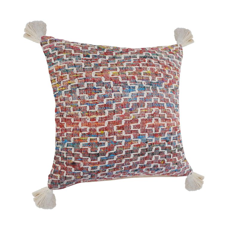 HomeRoots 20" Red Blue And Natural Geometric Polyester Blend Throw Pillow Cover with Tassels image number 2