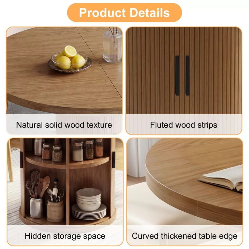 Vipbear 35.43" Round Dining Table for 4, Modern Wooden Kitchen Table with Built-in Storage Shelves image number 3