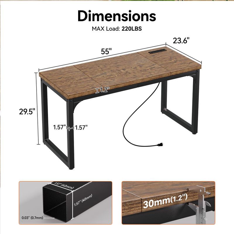55" Computer Desk with Power Outlets, 1.2" Thick Desktop, Metal Frame, Home Office & Gaming Desk image number 1