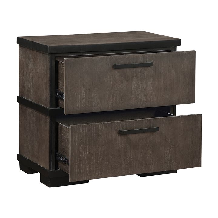 Acy Nightstand, 2 Drawers, Brownish Gray and Black Wood, Bar Handles - Benzara
