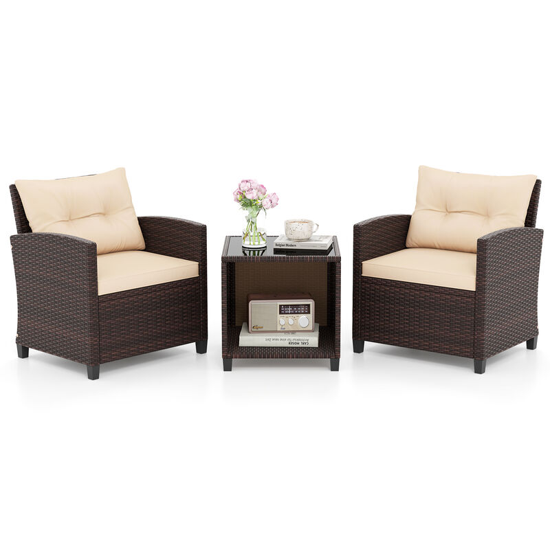 3 Piece Patio Sofa Set Wicker Chairs and Coffee Table with Storage