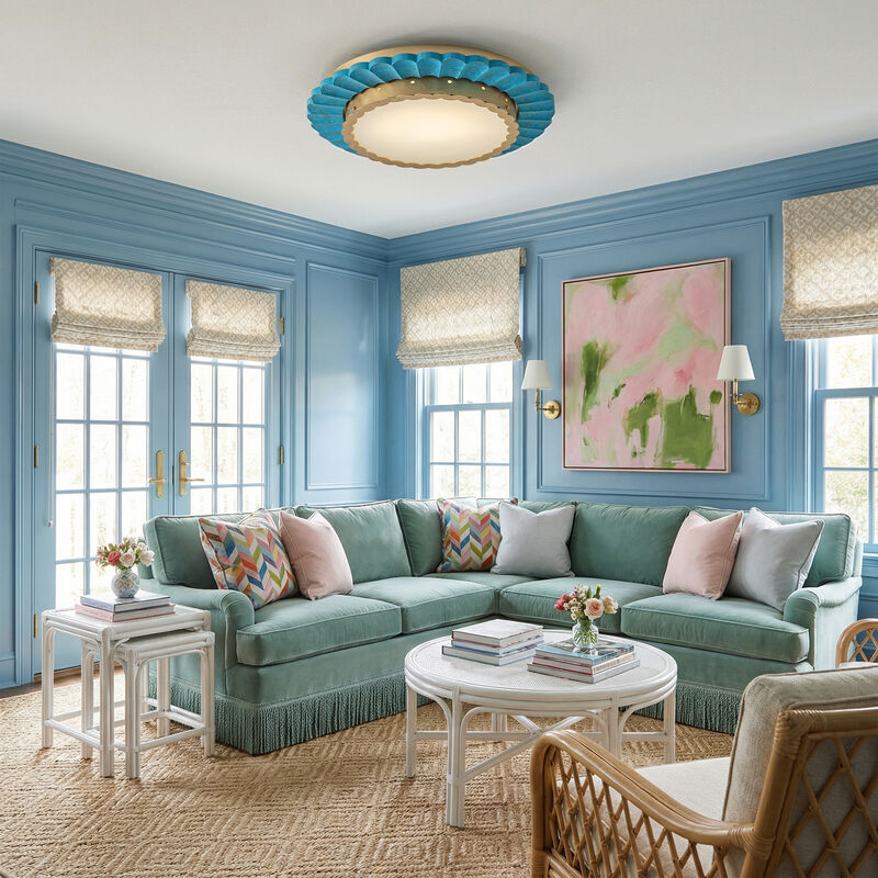 19.7" Coastal Gold Integrated LED Dimmable Flush Mount Ceiling Light with Teal Pleated Design for Bedroom, Dining Room or Entryway image number 4