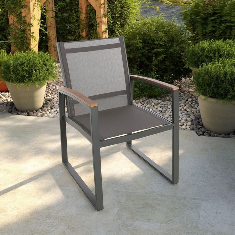 Outdoor Dining Chair Set of 2, Gray Mesh Seat and Brown Faux Wood, Metal - Benzara