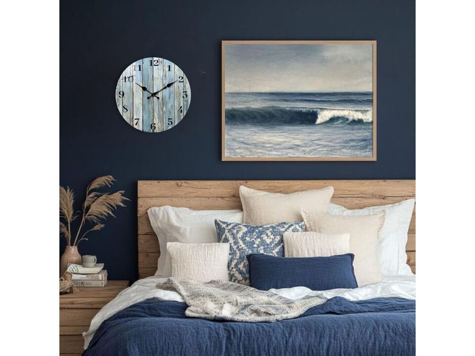 10 Inch Vintage Analog Wall Clock - Silent Battery Operated Blue Wood Decor