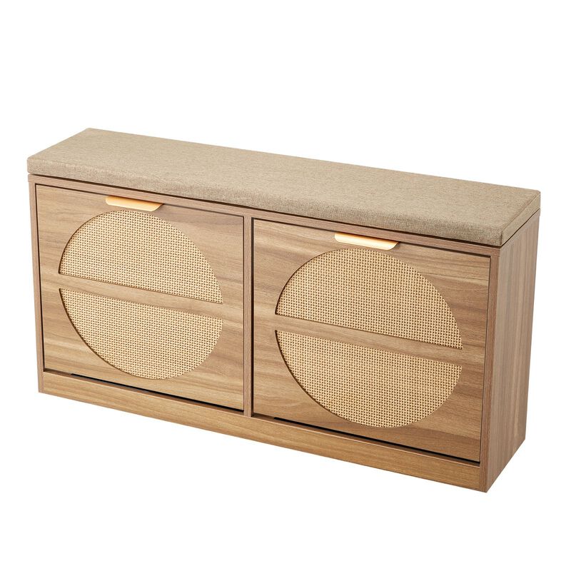Entryway Shoe Bench with Cushion, Flip Drawers and Rattan Storage Doors image number 3