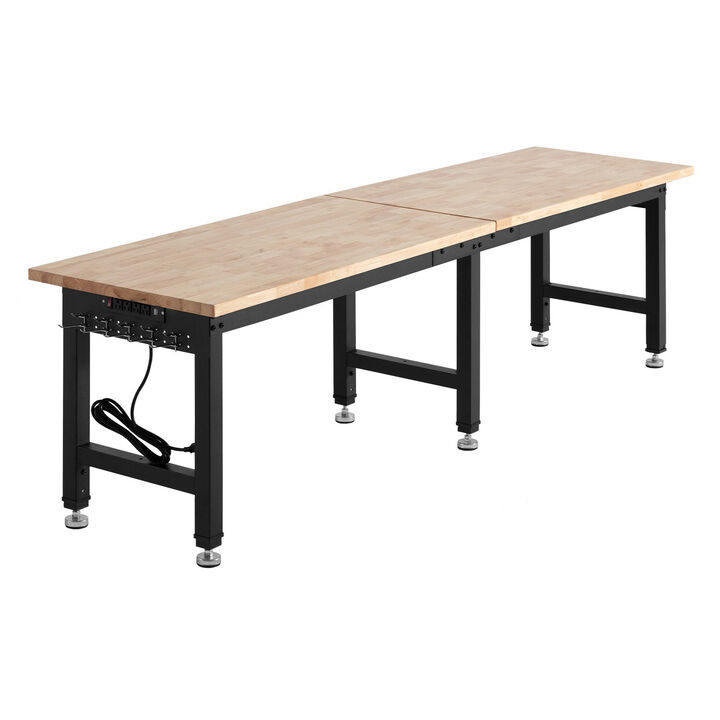 Adjustable Work Table with Oak Wood Top, Power Outlets & USB Ports for Garage, Workshop & Home-Natural
