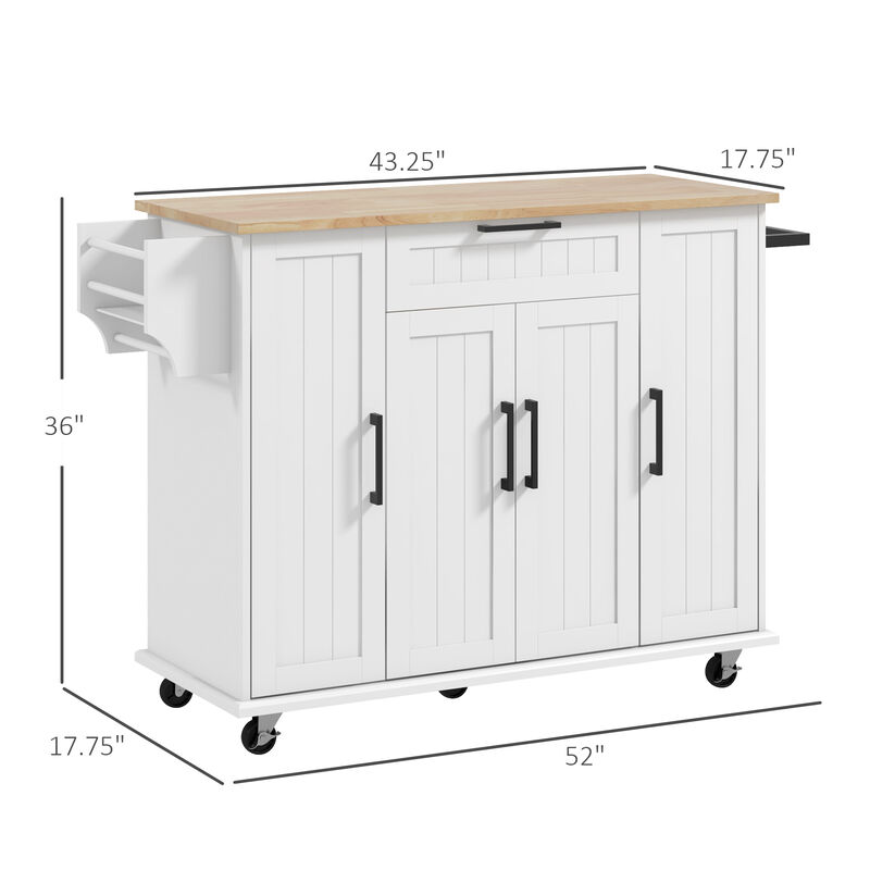 HOMCOM Kitchen Island on Wheels, Kitchen Cart with Solid Wood Top, White