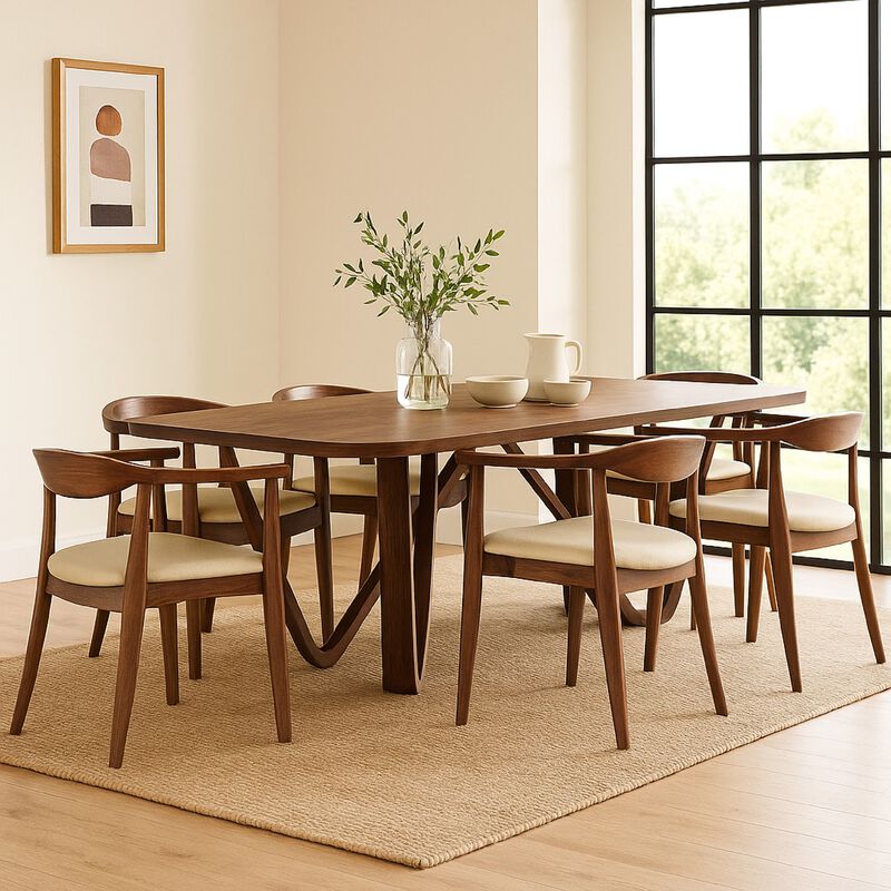 Niva 7pc Dining Table Set, 6 Fabric Side Chairs, Brown Full Solid Wood