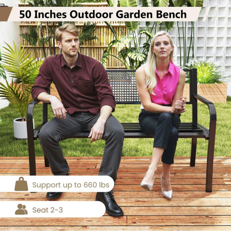 Hivvago 50 Inches Garden Bench with Patterned Backrest and Curved Armrests