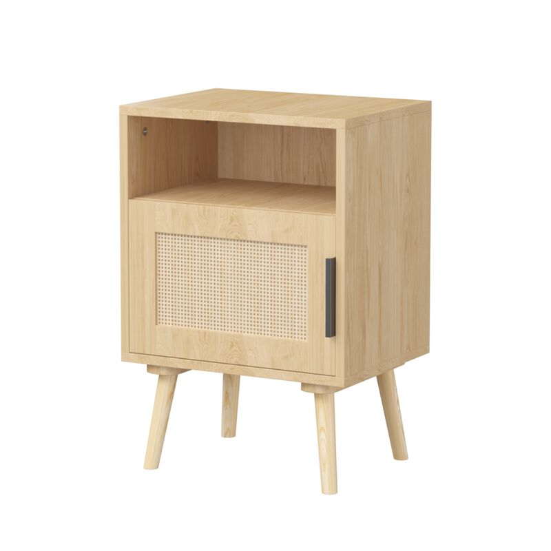 22.83" Assembled Rattan Nightstand with Door Open Shelf Solid Wood Legs image number 0
