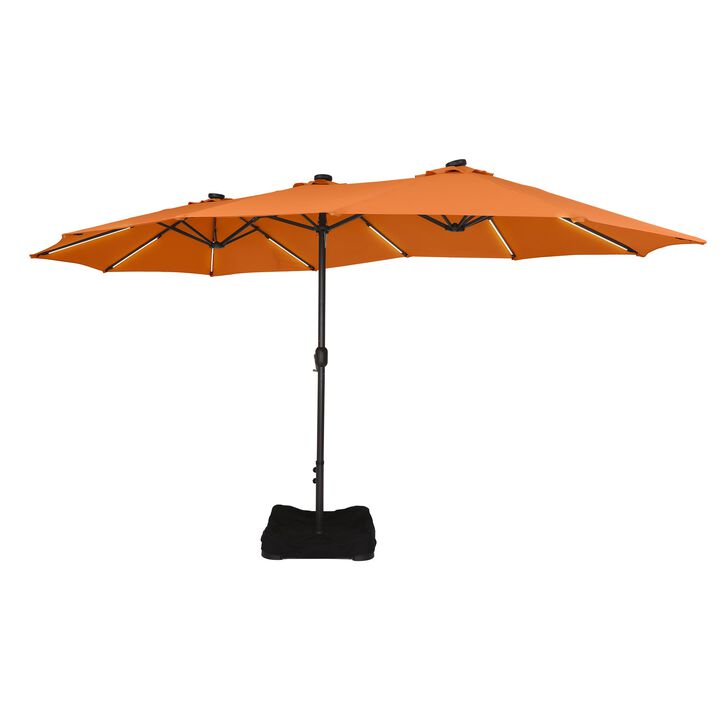 15 FT Double-Head Patio Umbrella with Base Included Large Outdoor Umbrella with Solar Detachable Lights Rectangular Crank Market Umbrella, Red
