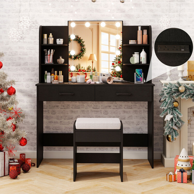 Vanity Set with Lighted Mirror and Stool with Power Outlet
