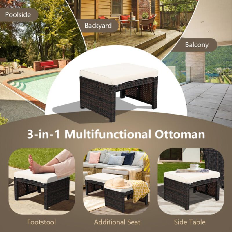 Hivvago 2 Pieces Patio Rattan Ottomans with Soft Cushion for Patio and Garden