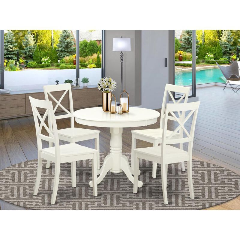 5 Pc set with a Table and 4 Wood Dinette Chairs Having Linen White .