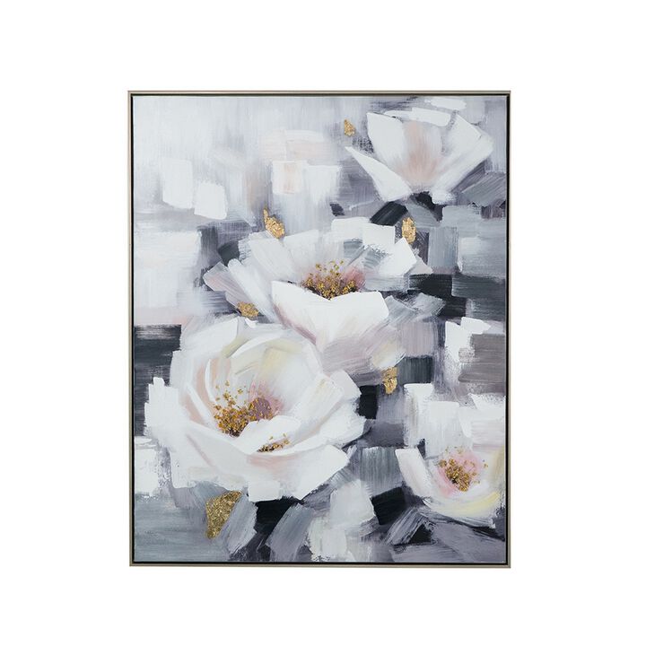 33 x 40 Inch Decorative Wall Art, Oil On Canvas, White, Gold Rose Flowers - Benzara
