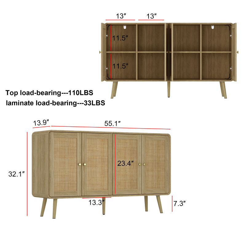 FUFU&GAGA Rattan Wardrobe, Modern Closet with 4 Doors, Gold Handles & Solid Wood Legs, Bedroom Storage Cabinet for Clothes & Accessories (55.1" W x 32.1" H x 13.9" D), Natural Wood