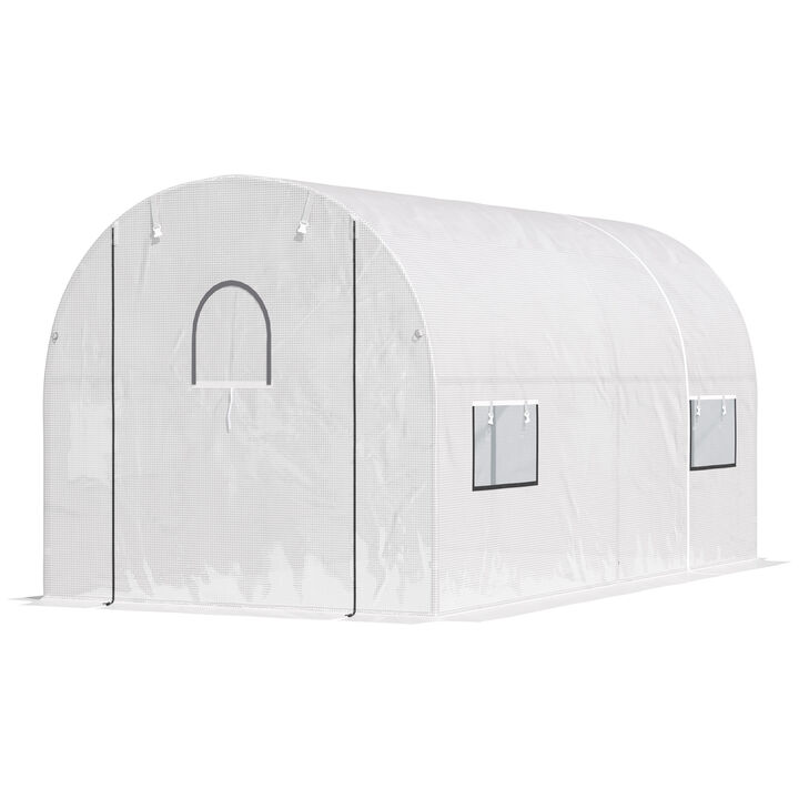 Outsunny 10' x 7' x 6' Walk-In Tunnel Greenhouse, Large Greenhouse with 2 Roll-up Zipper Doors & 6 Roll-up Windows for Plants, White