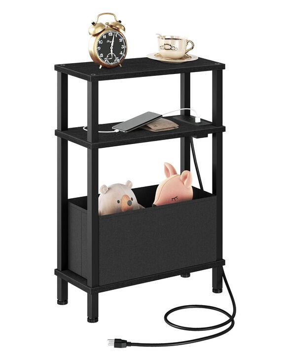 CHOEZON Small Narrow Side Table with Charging Station, Skinny End Table with Fabric Basket, Slim Nightstand for Small Spaces, So