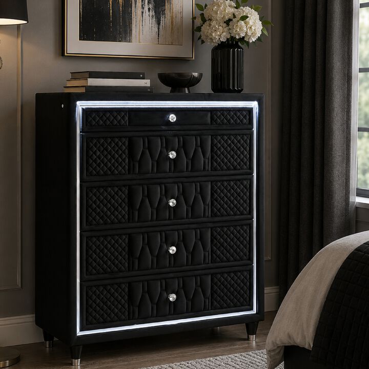 Maren Tall Dresser Chest, 5 Drawers and LED Light, Black Tufted Velvet