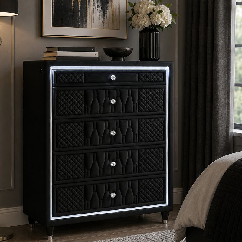 Maren Tall Dresser Chest, 5 Drawers and LED Light, Black Tufted Velvet image number 1