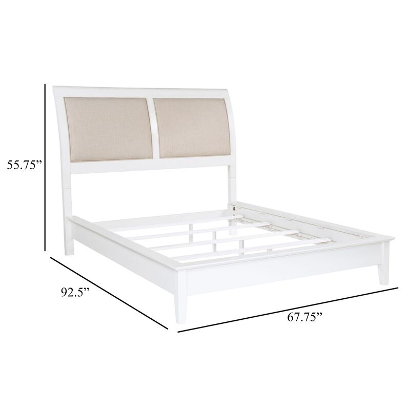 Heo Queen Size Bed, Sleigh Beige Upholstered Headboard, White Wood - Benzara
