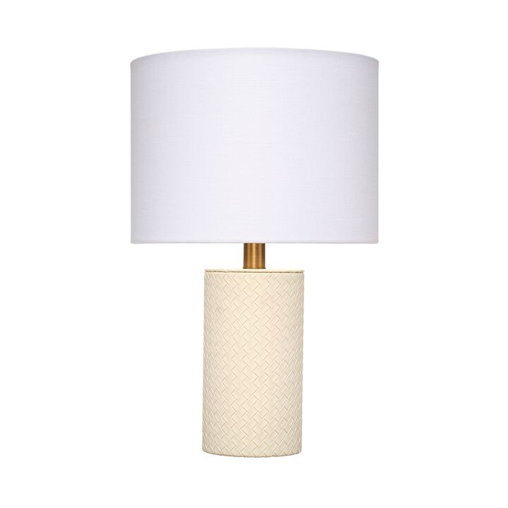 Myn Table Lamp, 18 Inch, White Linen Drum Shade, Cream Leather Base