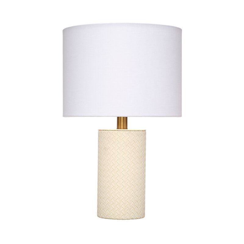 Myn Table Lamp, 18 Inch, White Linen Drum Shade, Cream Leather Base