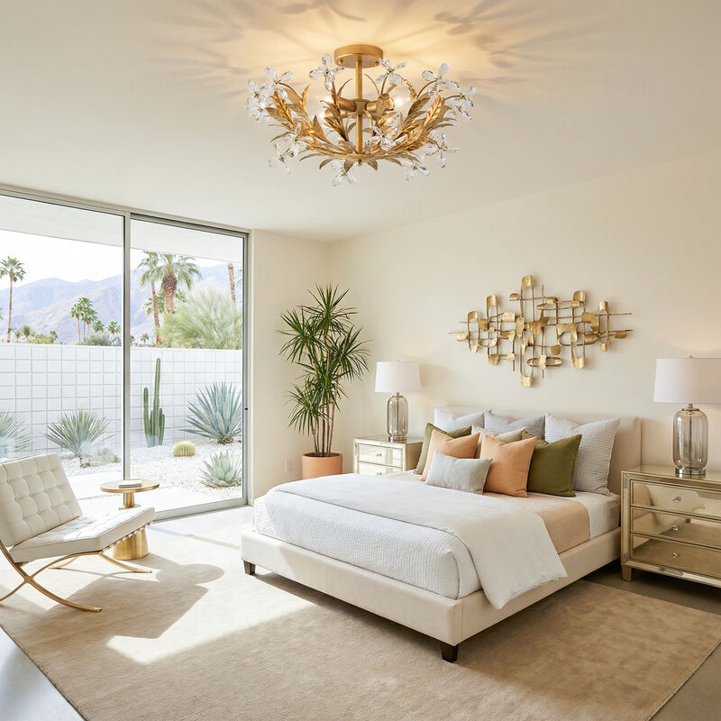 23.6" 4-Light Modern Antique Gold Leaf Shaped Crystal Flower Semi-Flush Mount Ceiling Light for Bedroom or Etryway image number 2