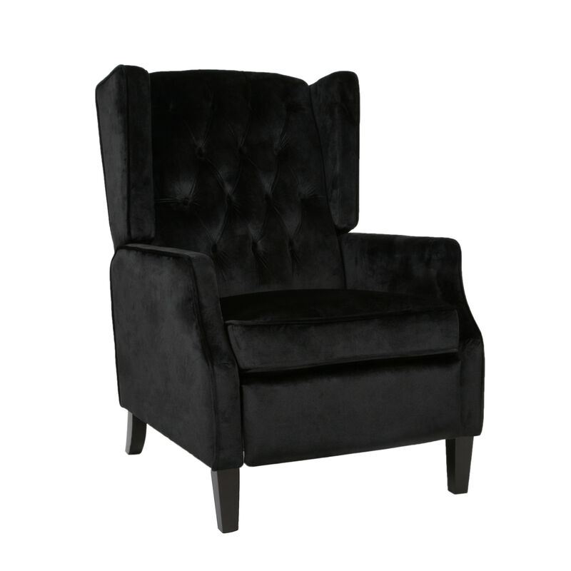Octa Manual Recliner Chair, Button Tufted Wingback Design Black Velvet - Benzara