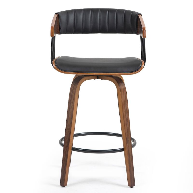 Glamour Home Beaumont Black Faux Leather Counter Stool with Walnut Wood Frame and Legs