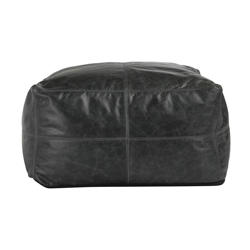 Square Pouf Ottoman, 24 Inch Black Real Leather, Reversible Design - Benzara
