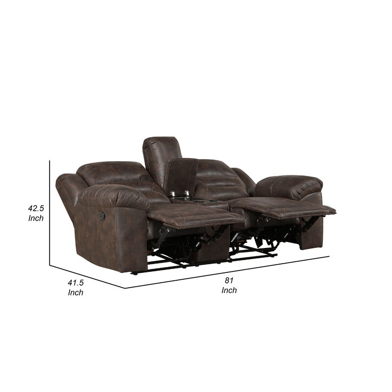 Henry Manual Double Reclining Loveseat, Console, Dark Brown Microfiber - Benzara