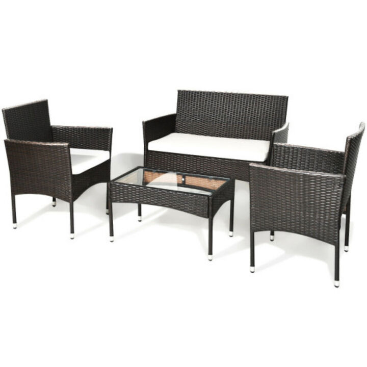4 pcs Patio Rattan Wicker Furniture Set Cushioned Chair