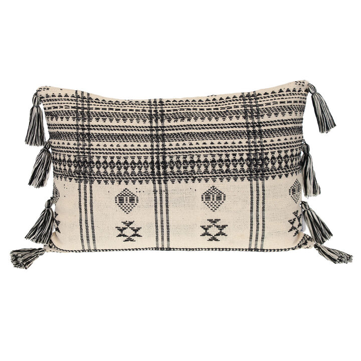 HomeRoots 14" X 20" Beige and Black Southwestern Cotton Throw Pillow With Tassels