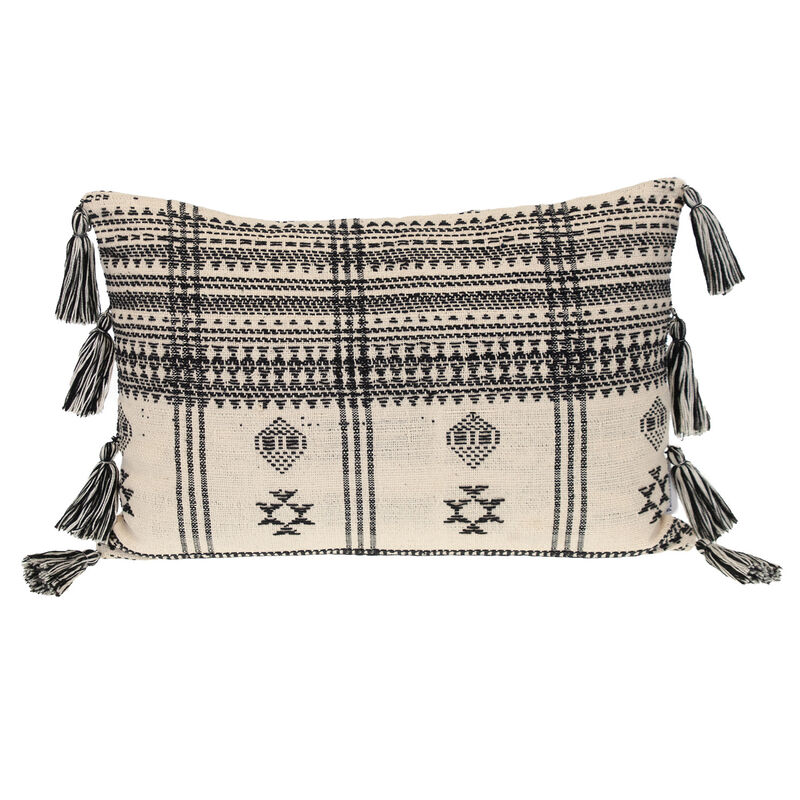 HomeRoots 14" X 20" Beige and Black Southwestern Cotton Throw Pillow With Tassels image number 0