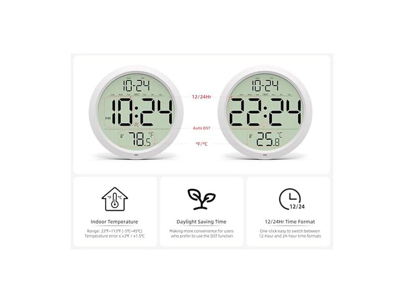 Digital Date Temperature Auto DST Electric Wall Clock 8 Inch Silent White image number 3