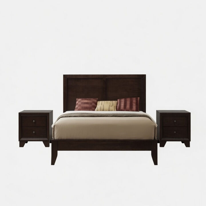 Queen Size Bedroom Set, Brown Finish, 3-Piece Set with Bed and Two Nightstands