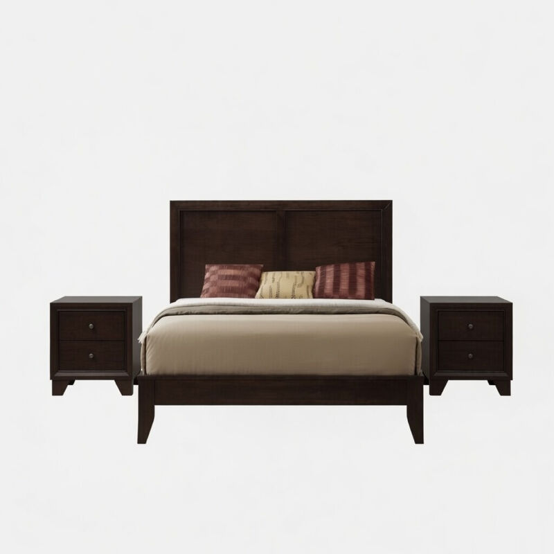 Queen Size Bedroom Set, Brown Finish, 3-Piece Set with Bed and Two Nightstands image number 0