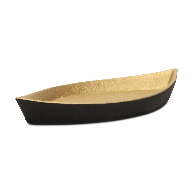 HomeRoots 10" Black And Gold Cast Iron Oval Boat Shaped Tray image number 3