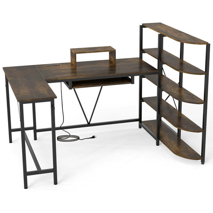 U Shaped Computer Desk with 5 Tier Storage Bookshelf and Keyboard Tray
