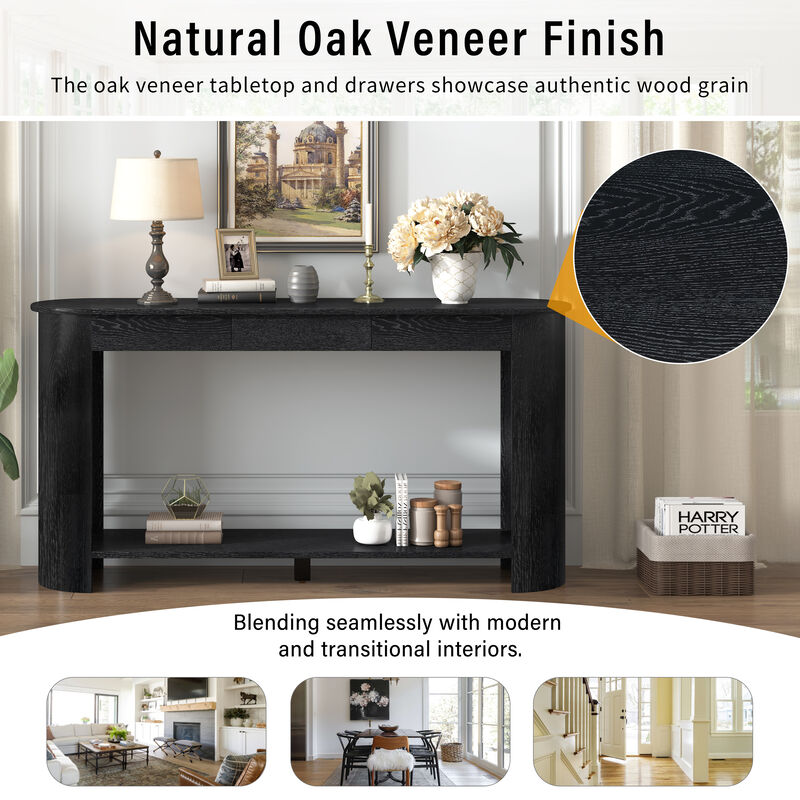 Whisen 59.8" Console Table, Modern Farmhouse with 3 Drawers & Shelf, Oak Veneer Sofa Table for Entryway Living Room Hallway image number 4