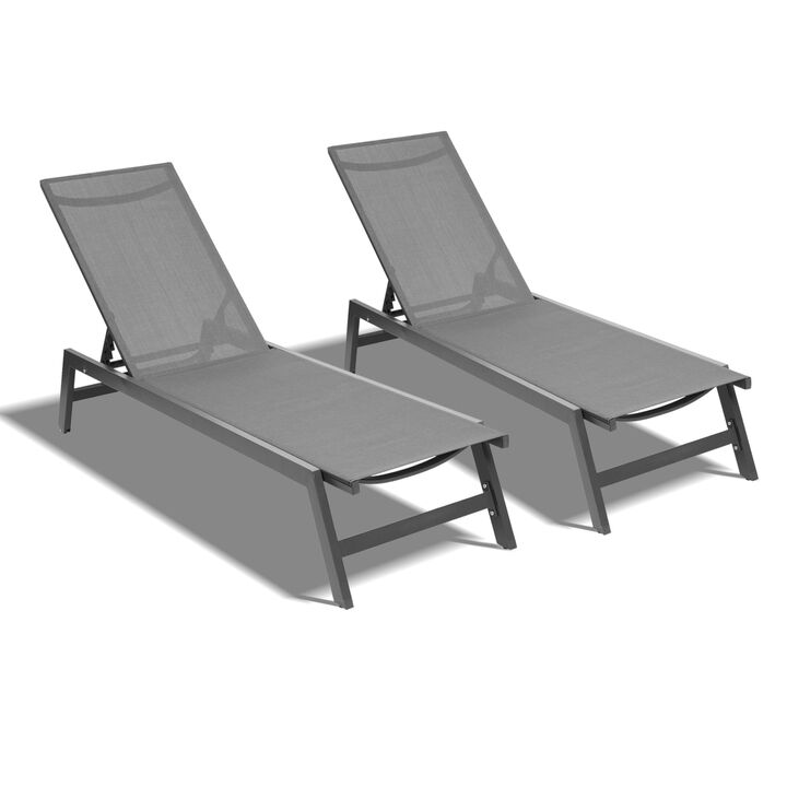 Outdoor 2-Pcs Set Chaise Lounge Chairs, Five-Position Adjustable Aluminum Recliner, All Weather For Patio, Beach, Yard, Pool(Grey Frame/Dark Grey Fabric)