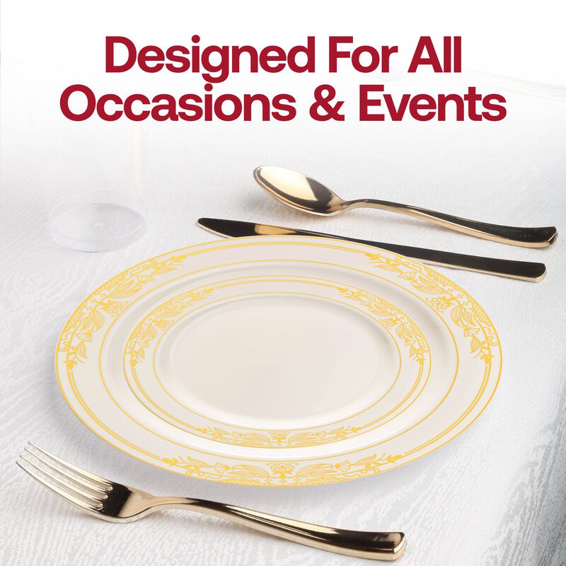 Ivory with Gold Harmony Rim Plastic Dinnerware Value Set (40 Sets) image number 7