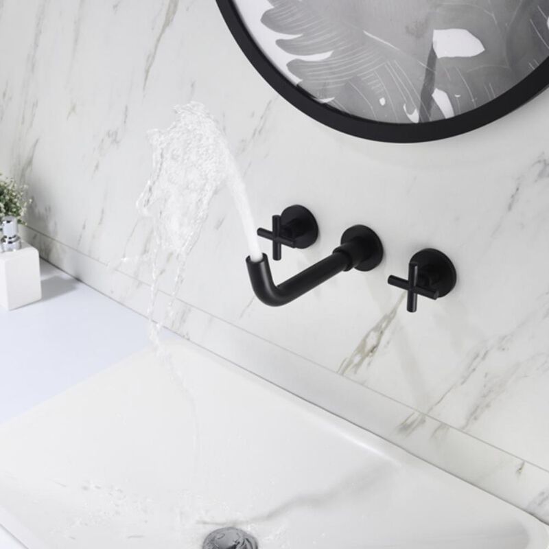 Wall-Mounted Bathroom Sink Faucet with Dual Handles for Modern Vanity & Space-Saving Design