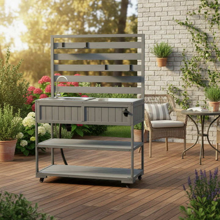 Whisen 65"H Potting Table with Stainless Steel Sink, Rustic Outdoor BBQ & Potting Station