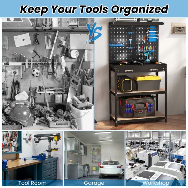 Tool Storage Workbench with Pegboard with 14 Hanging Accessories for Garage image number 8