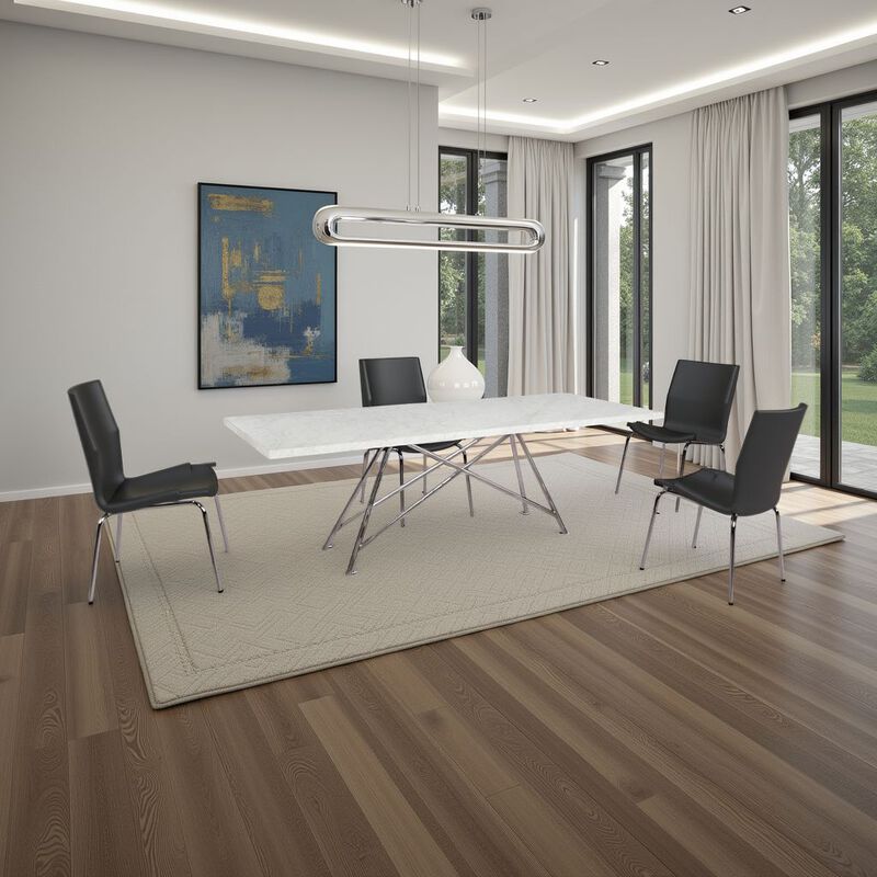 Levi 80 Inch Rectangular Carrara Marble Dining Table, Steel Legs, Chrome