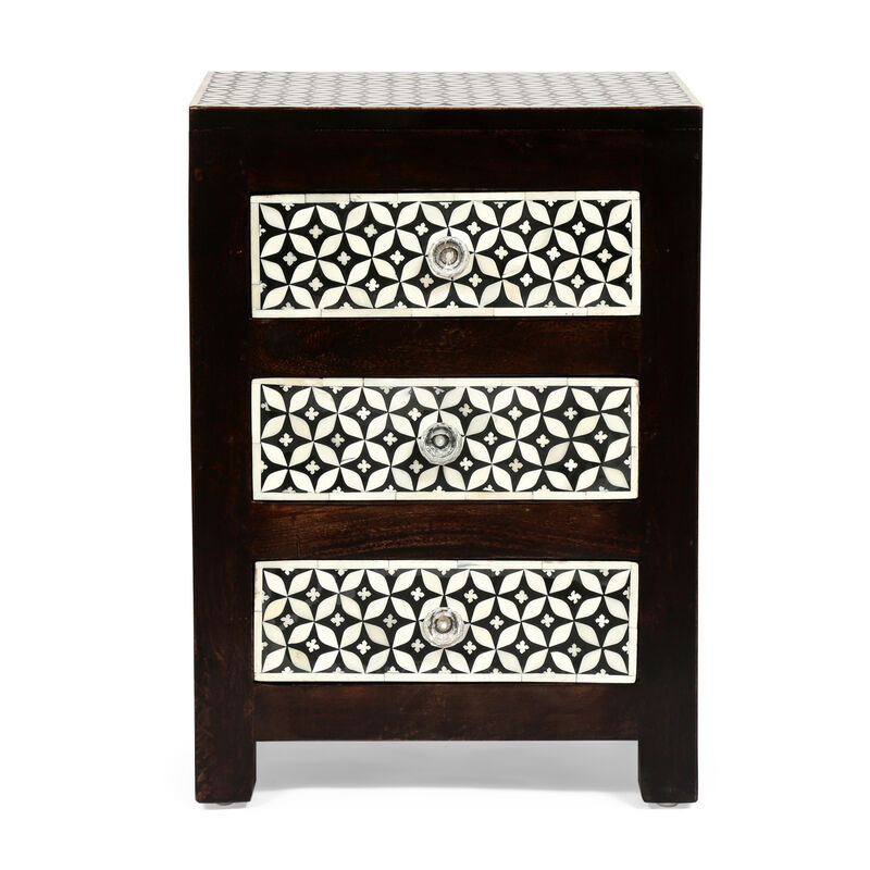 Streamdale Mango Wood Bone Inlay Nightstand With 3 Drawers