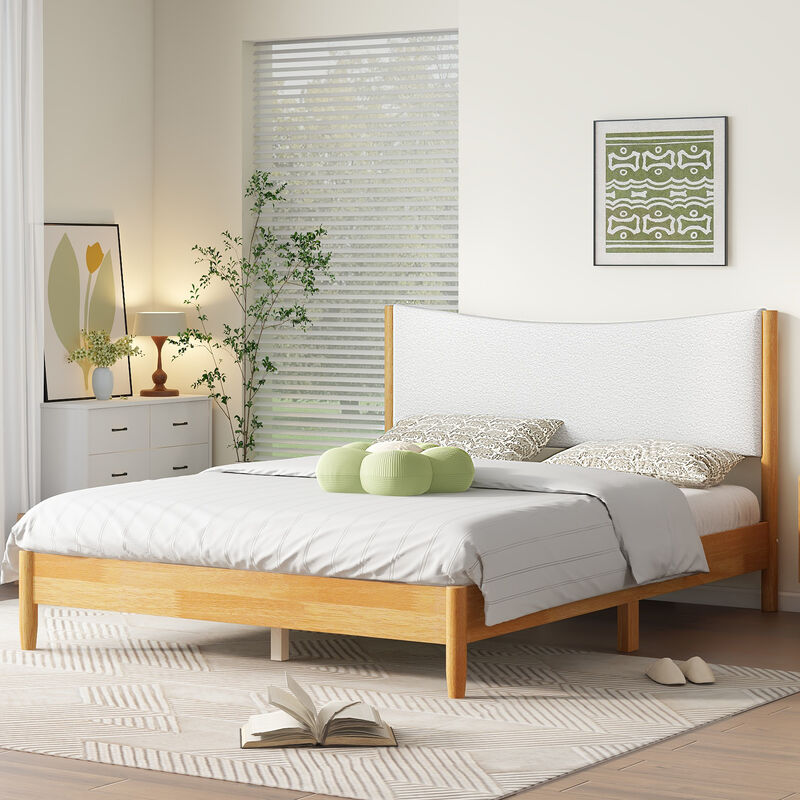 Whisen Queen Rubber Wooden Bed with Boucle Upholstered Headboard, Enhanced by Support Feet image number 3