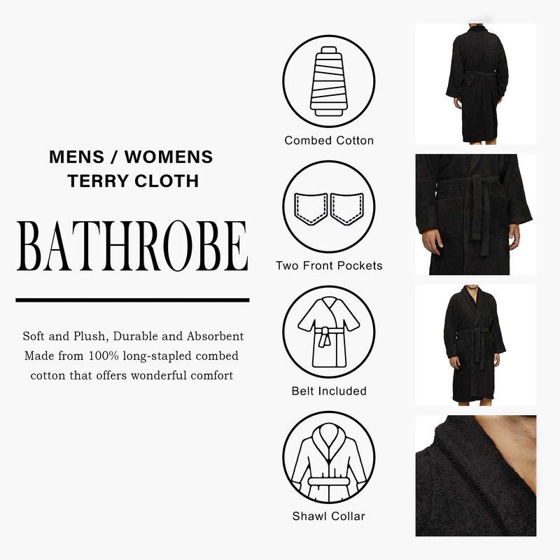 Ultra Soft Cotton Terry Bath Robe for Adults Unisex Comfort Fit image number 2